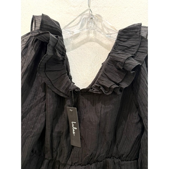 NWT Lulu's Small Black Pleated Ruffle Tiered Peplum Long Sleeve Blouse Top Boho - Picture 4 of 7